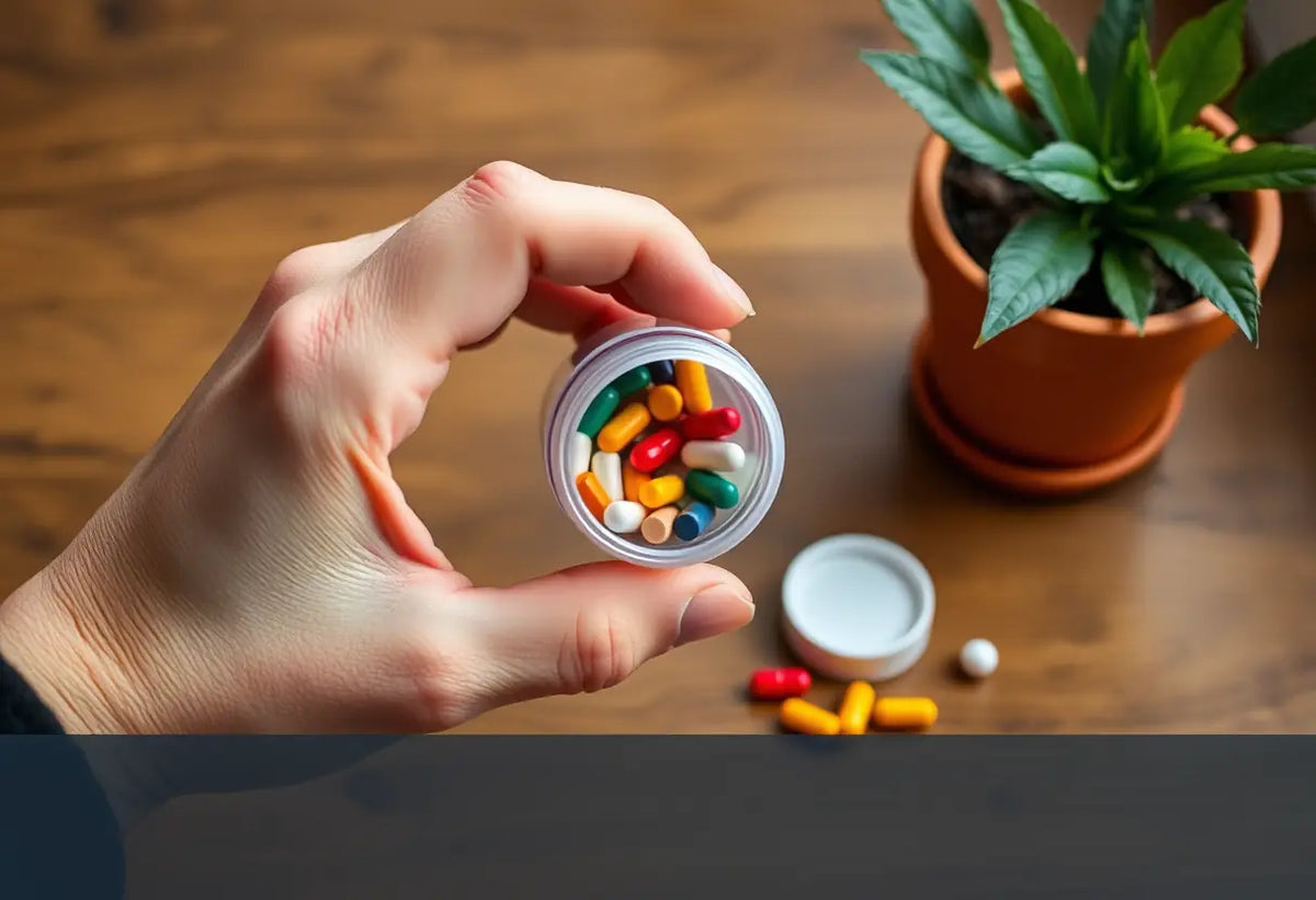 Une main tenant une petite bouteille de comprimés colorés sur une table en bois