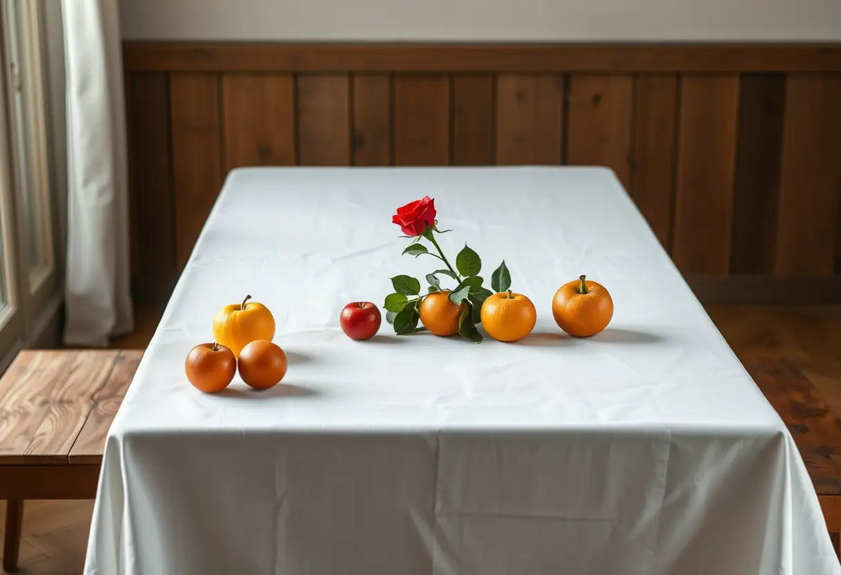 Un couvert romantique sur une table avec des fruits et une rose
