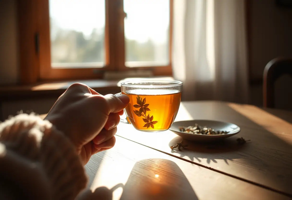 Une main tenant une tasse de thé chaud, éclairée par la lumière naturelle