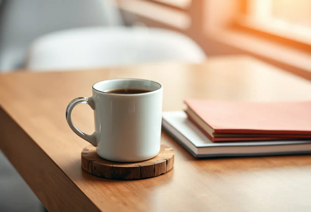 Une tasse de café fumante sur un plateau en bois dans un bureau partagé