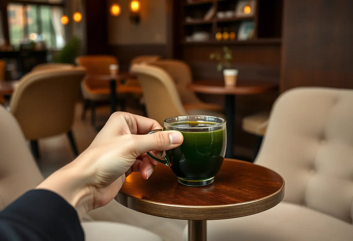 Une main tenant une tasse de thé vert fumant dans un café accueillant