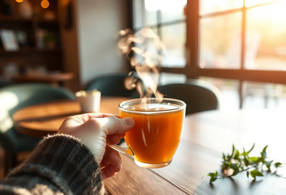 Une main tenant une tasse de thé chaud dans un café accueillant, le sujet est la timide approche des relations