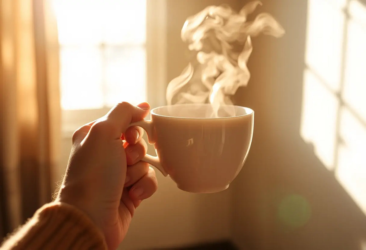 Une main tenant une tasse de thé herboriste, lumière naturelle