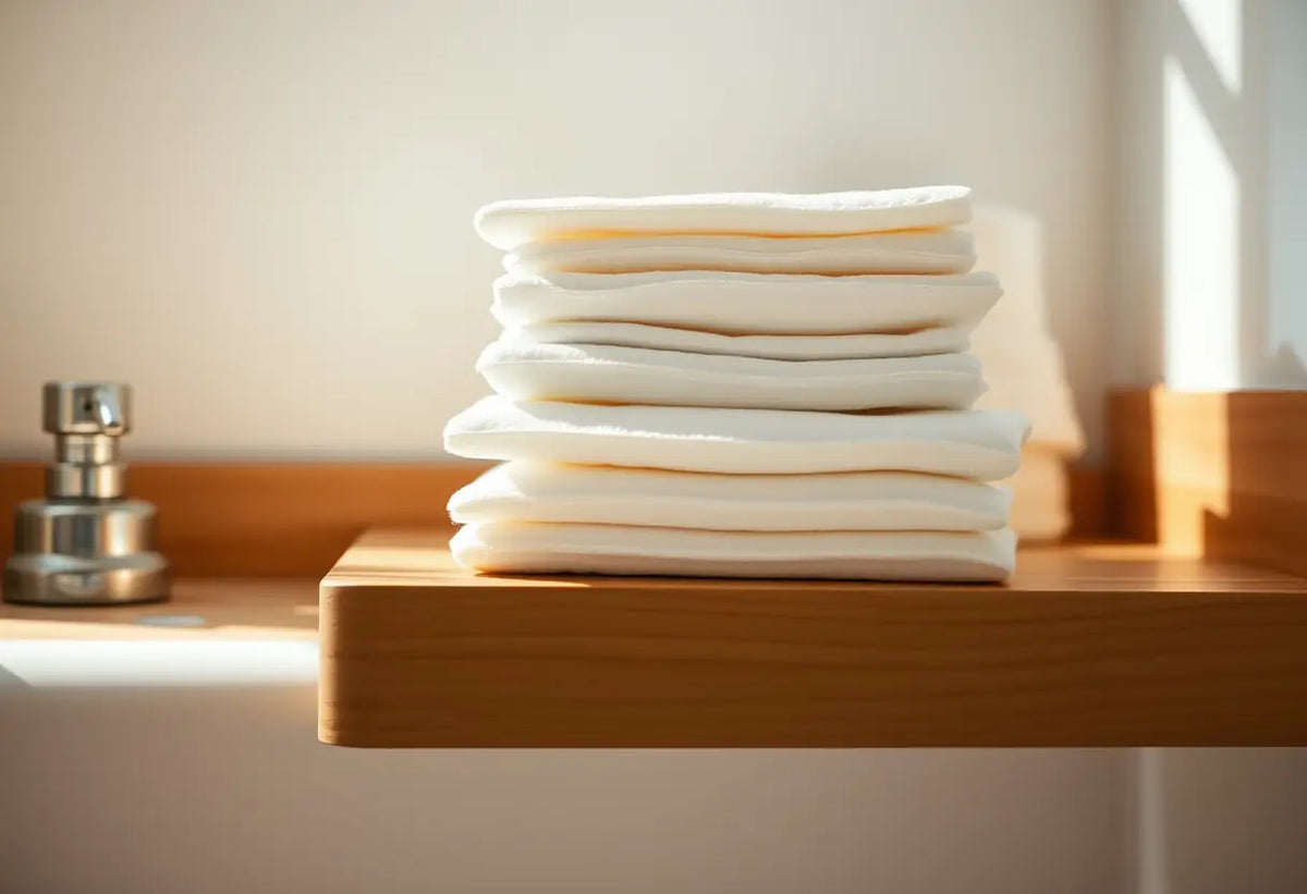 Un paquet de lingettes en coton bio posées sur une étagère de salle de bains, lumière du matin