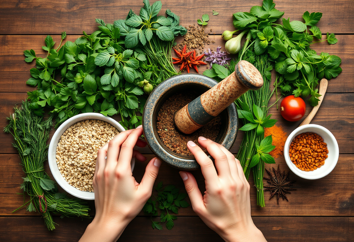 Herbes et épices sur une table, mains tenant un mortier et pilon, stimulant le désir