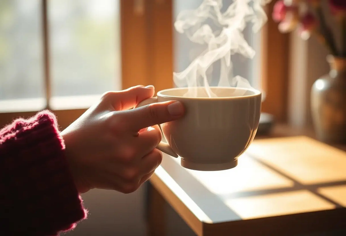 Une main tenant une tasse de thé, lumière naturelle réchauffante, sujet du magazine