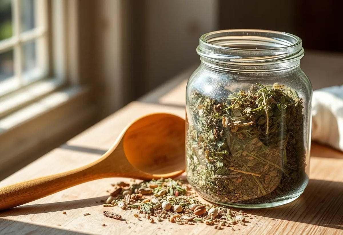 Herbes sèches dans un bocal avec une cuillère en bois