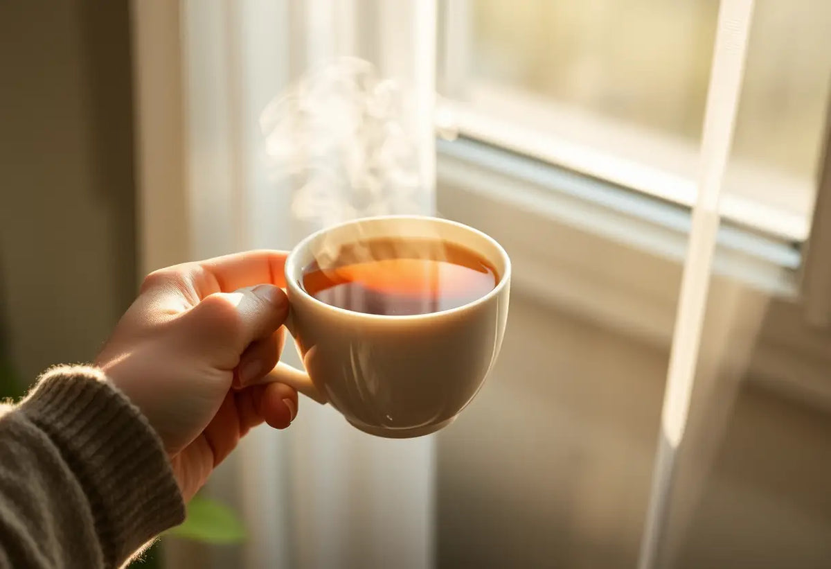 Une main tenant une tasse de thé herbagé chaud, symbolisant les remèdes naturels pour le bien-être