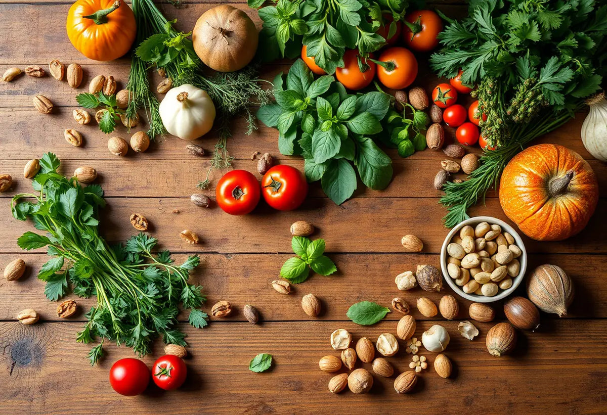 Un buffet garni d'herbes fraîches, de fruits et de noix pour une alimentation saine