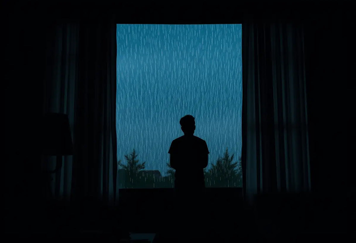 Une silhouette observe un ciel nocturne pluvieux à travers des rideaux transparents.