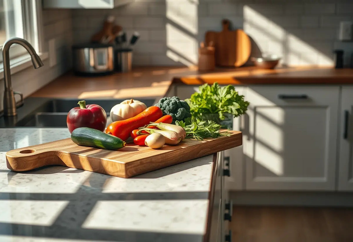 Un plan de travail en bois chargé de légumes frais dans une cuisine éclairée par la lumière du matin