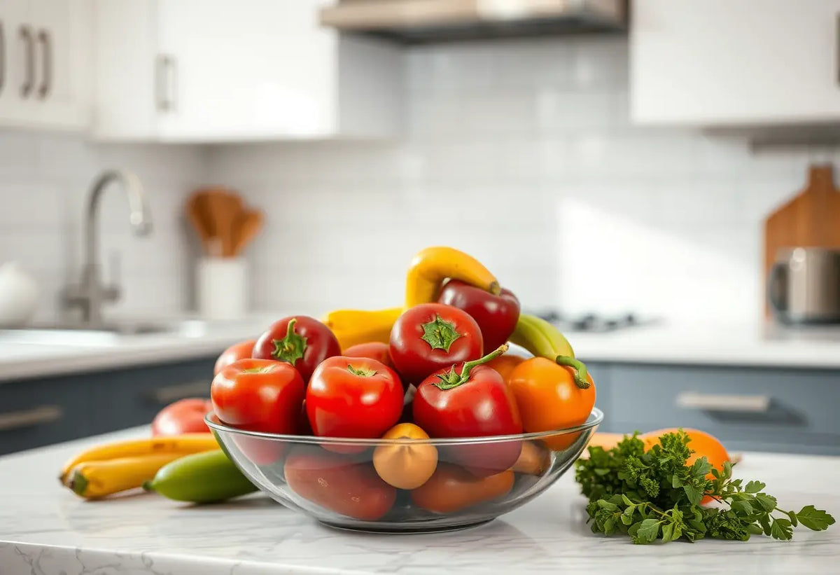 Un plan de travail de cuisine avec un bol de fruits et légumes frais, représentant vitalité et santé durant la grossesse