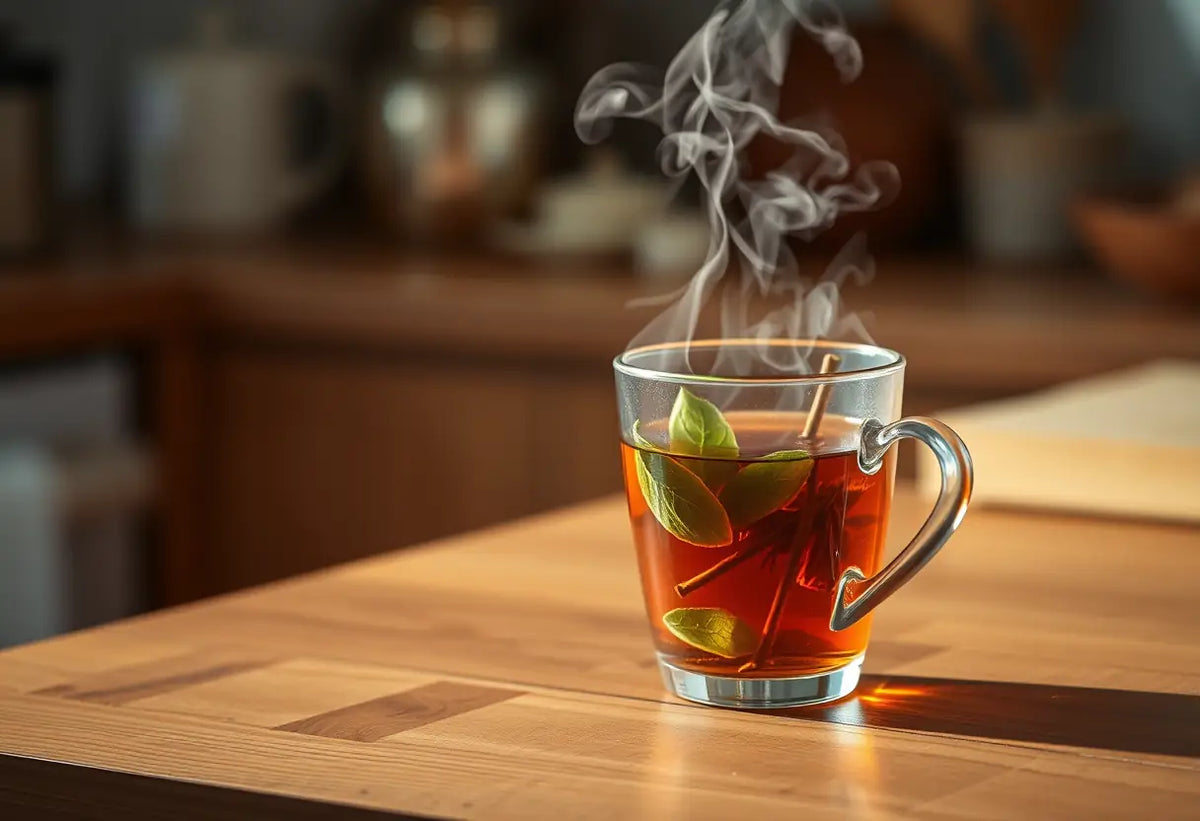 Tasse de thé herbagère sur le comptoir de cuisine