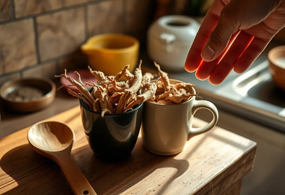Cuillère et racine de ginseng en cuisine