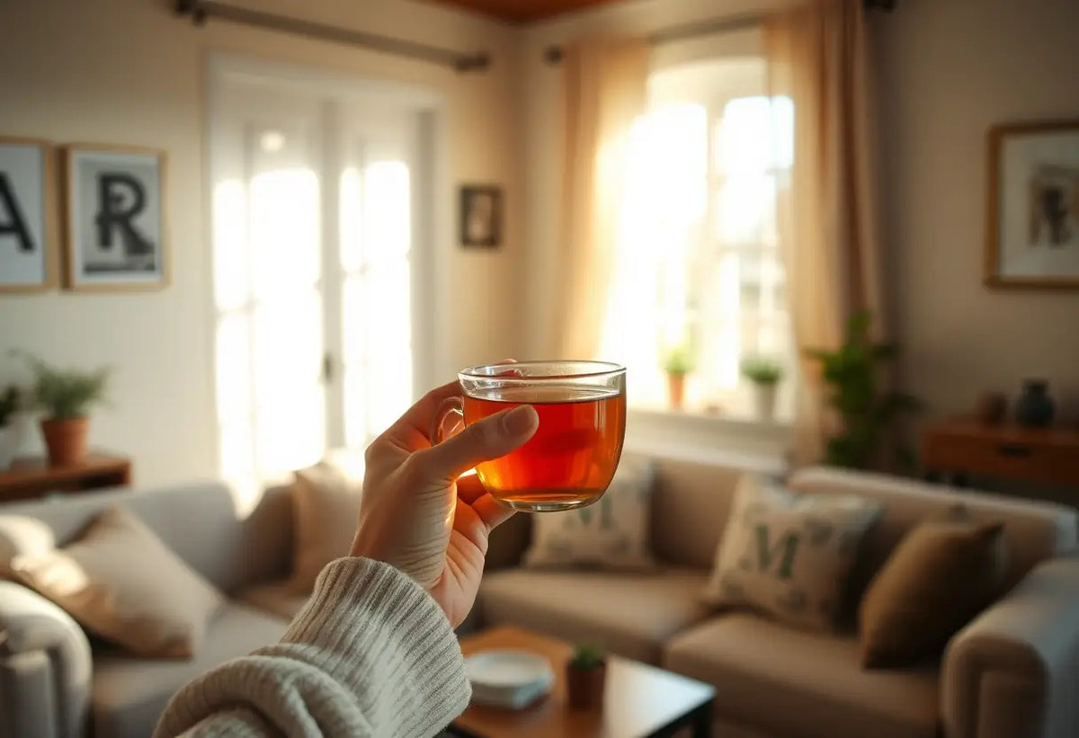 Une main féminine tenant une tasse de thé herbeux dans un salon accueillant, lumière naturelle