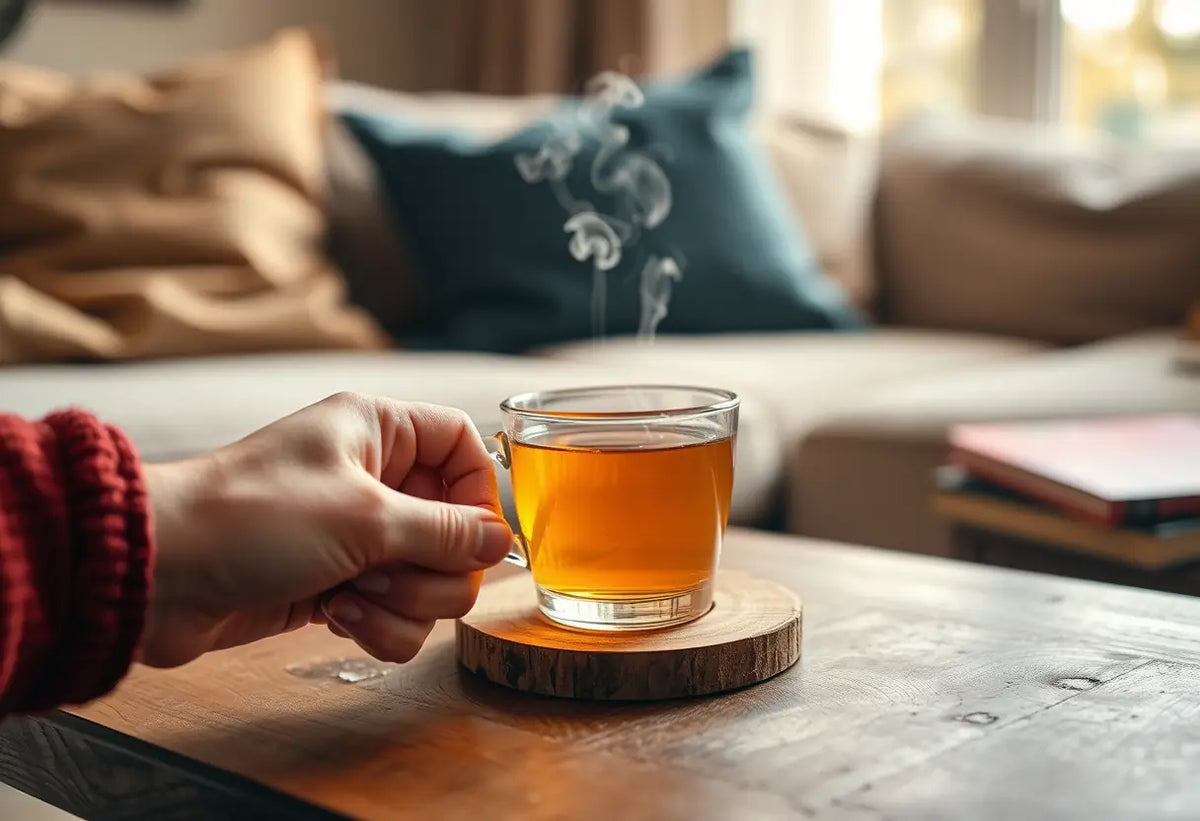 Une main tenant une tasse de thé sur une table basse, illustrant l'espace personnel
