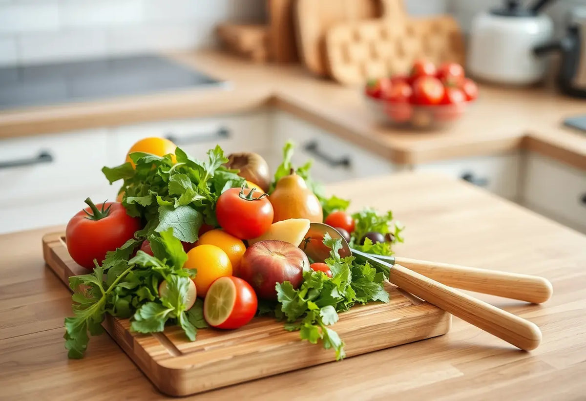 Planche à découper remplie de légumes et de fruits dans la cuisine