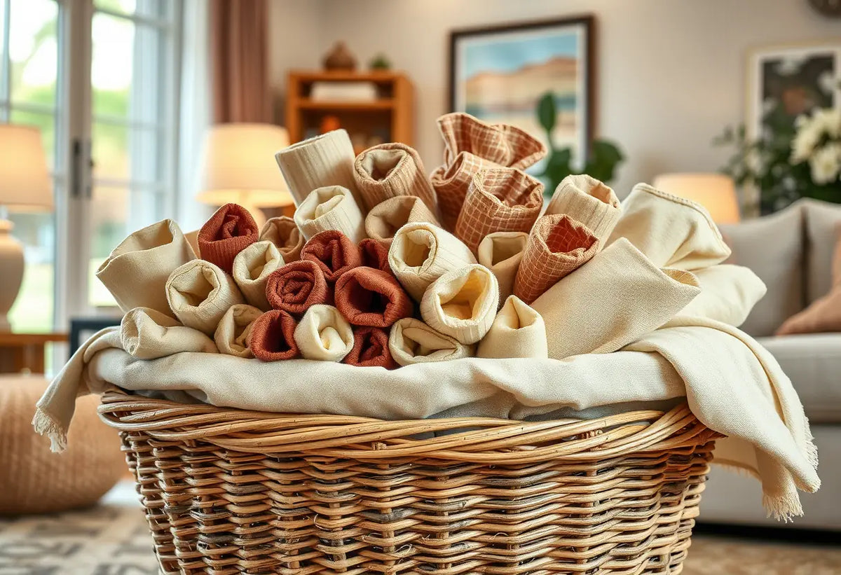 Panier tissé rempli de sacs en toile roulés rangés dans un salon accueillant, contraception de barrière