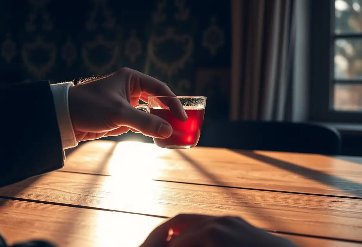 Une main tenant une tasse de thé, lumière naturelle réchauffant la table en bois
