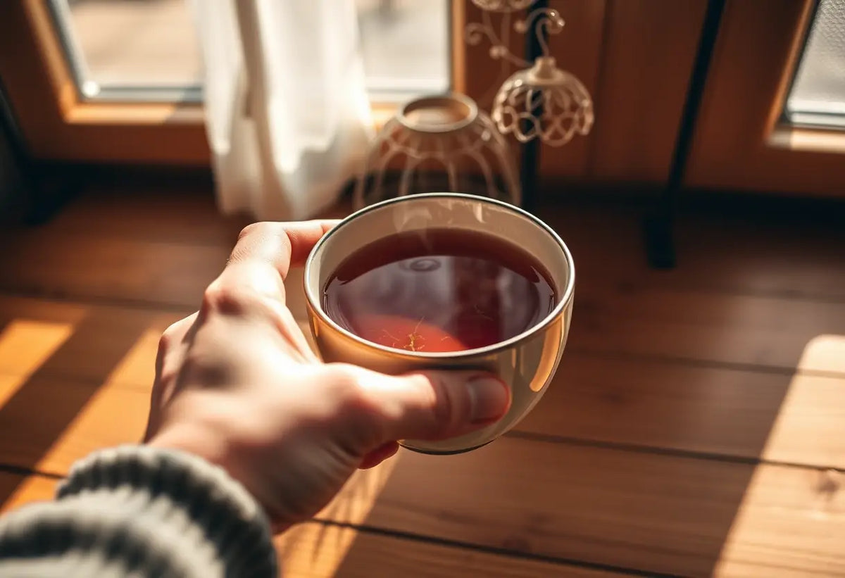 Une main tenant une tasse de thé herbeux, lumière naturelle