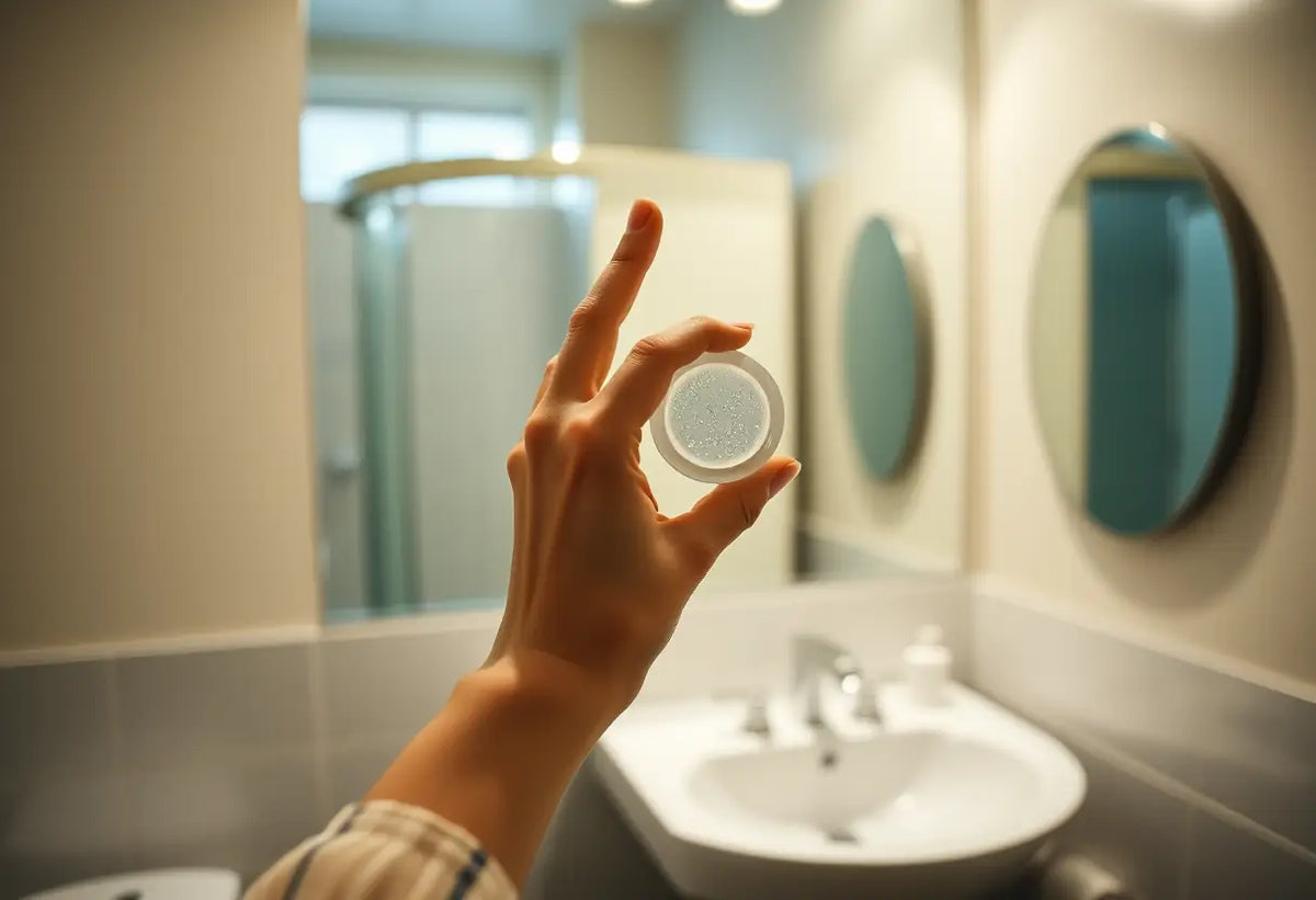 Main du féminin tenant une cape cervicale dans une salle de bain
