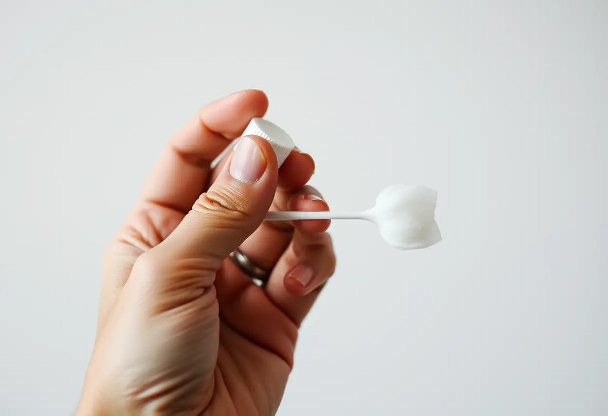 Une main applique une substance gélatineuse à partir d'un tube en plastique sur un coton-tige, illustrant l'application de spermidine avant l'utilisation d'un capuchon cervical.
