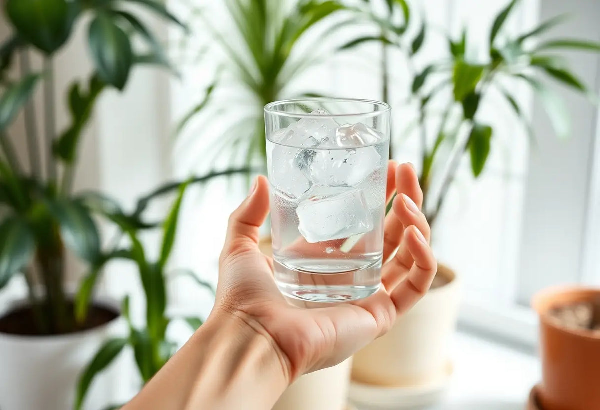Une main tenant un verre d'eau glacée, au milieu de plantes vertes