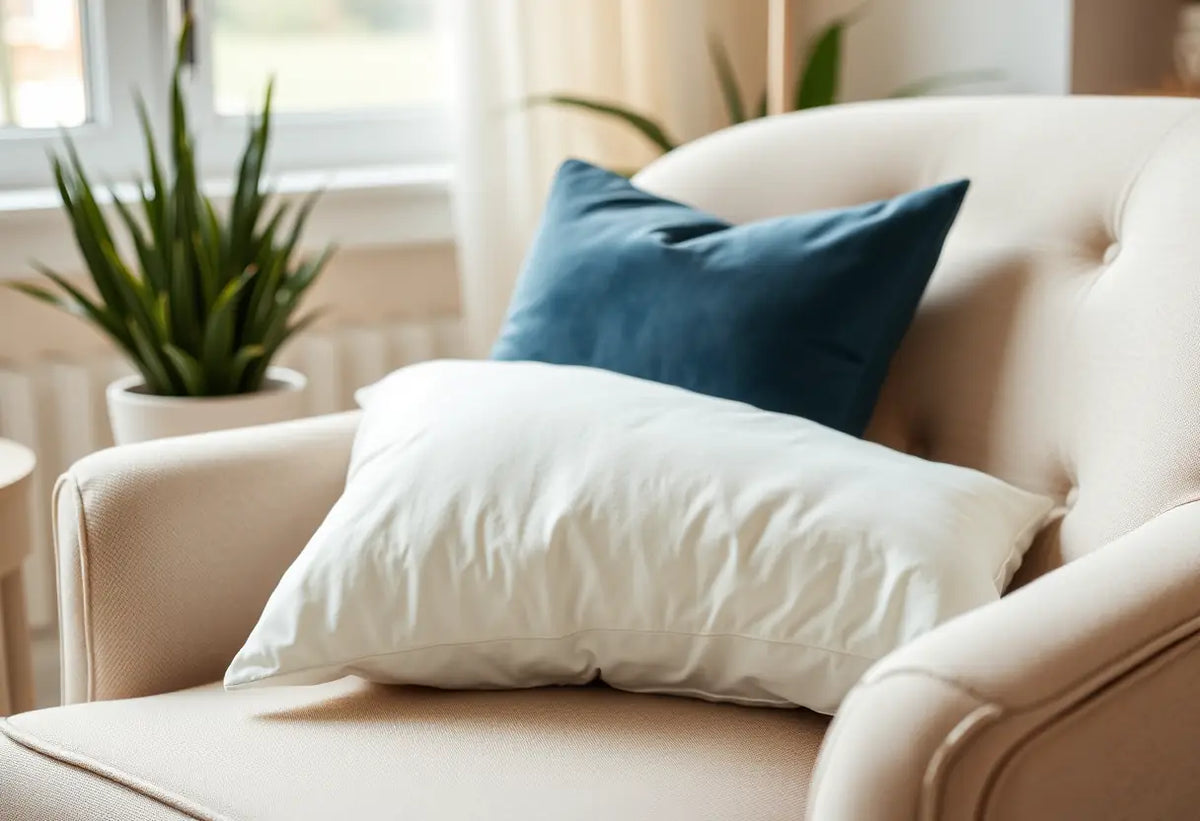 Un coussin en coton doux posé sur un fauteuil confortable dans un salon accueillant, illustrant le repos et le confort après une chirurgie.