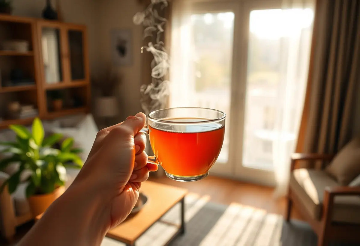 Une main tenant une tasse de thé aromatique dans un salon accueillant, lumière naturelle