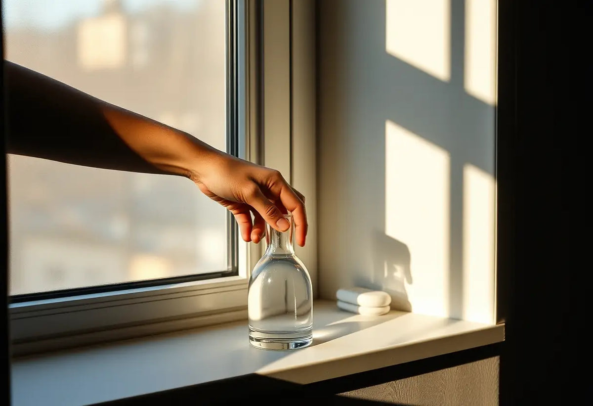 Une main posant un petit vase rempli d'eau sur un rebord de fenêtre au matin