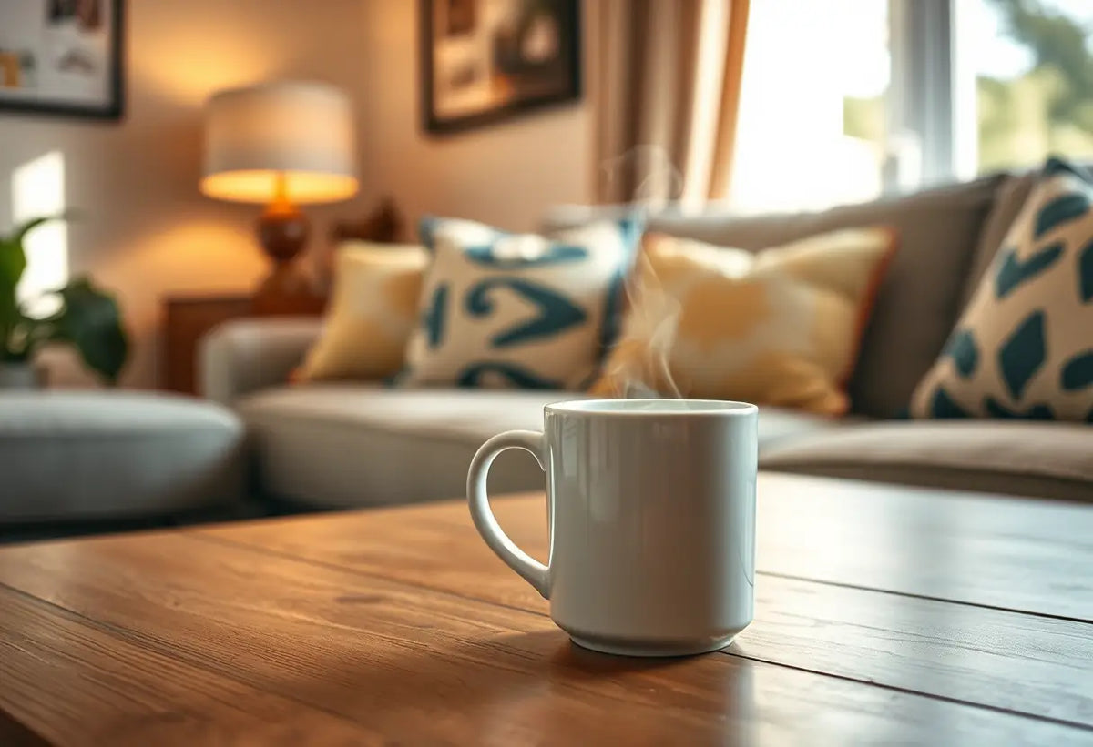 Une tasse de café sur une table de salon accueillante, lumière douce, sujet de drague
