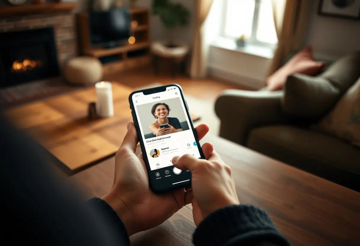 Une main tenant un téléphone intelligent avec une application de rencontres ouverte, posé sur une table en bois dans un salon accueillant