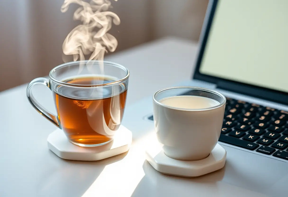 Une tasse de thé herbeux fumant à côté d'un clavier d'ordinateur