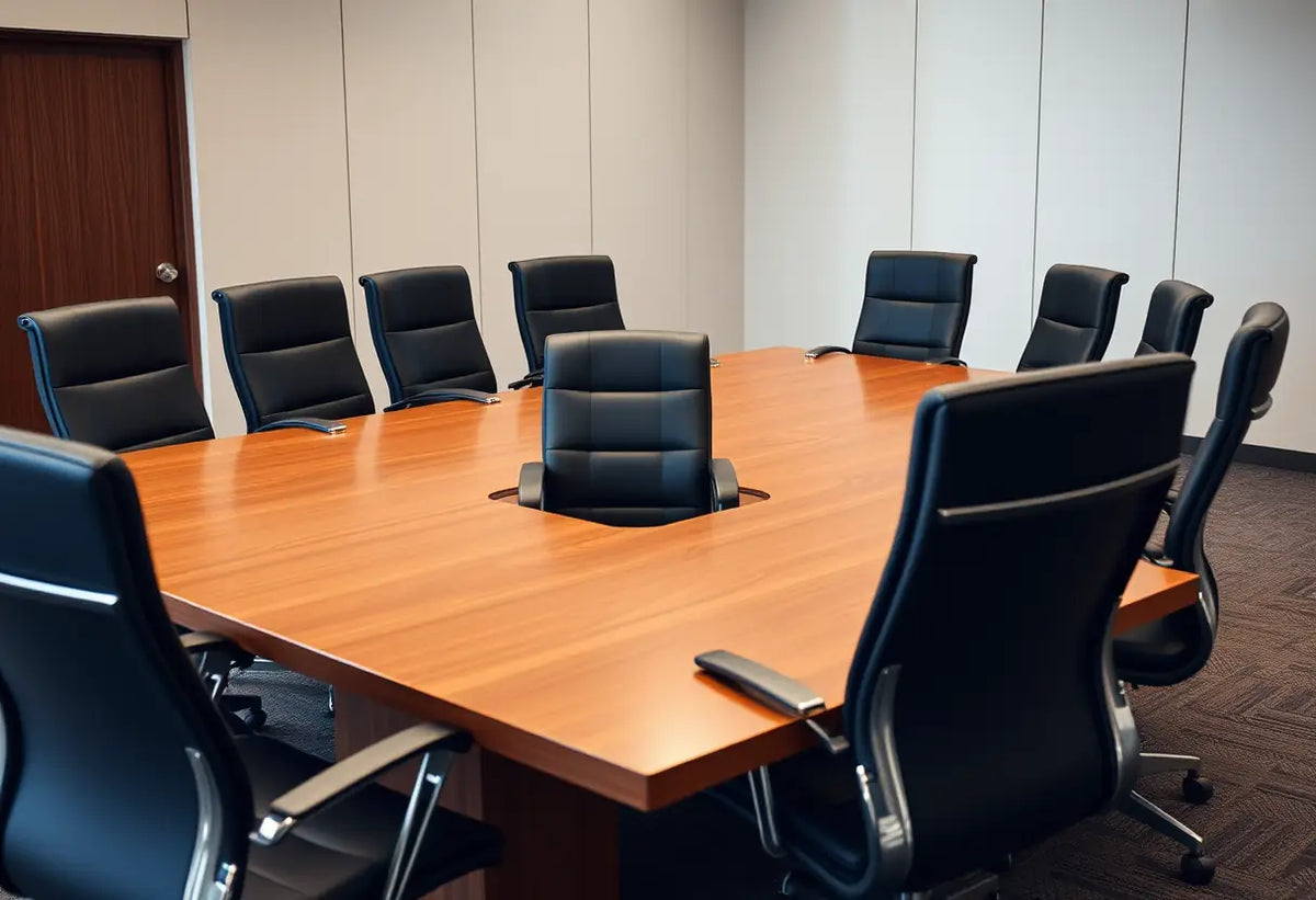 Une table de réunion avec plusieurs chaises autour, dont une légèrement reculée