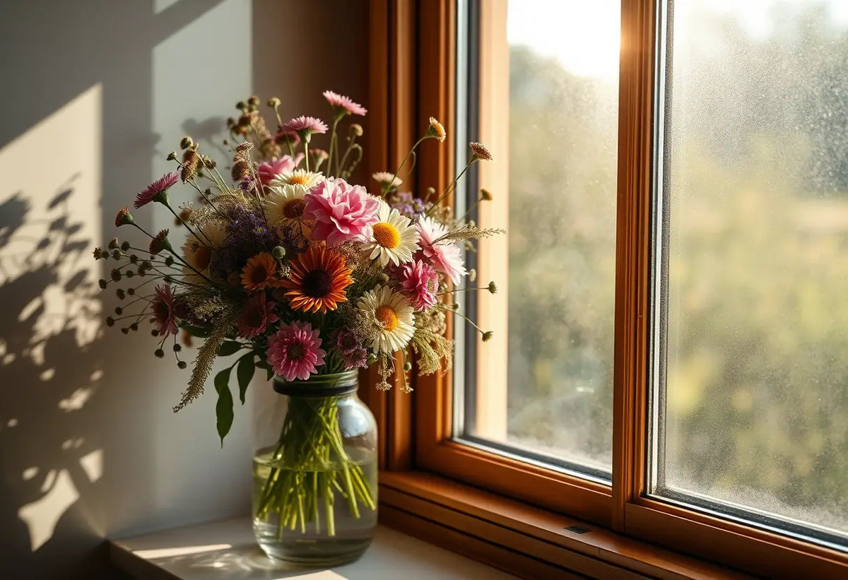 Un vase de fleurs sauvages sur un rebord de fenêtre