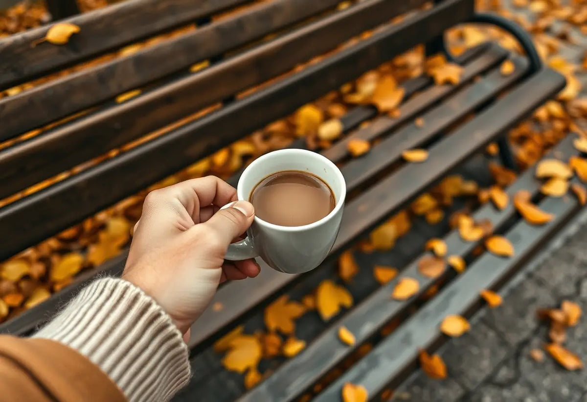 Une main tenant une tasse de café sur un banc de parc, entourée de feuilles d'automne, illustrant la détente.