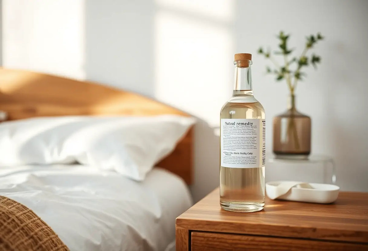 Sur une commode, une bouteille en verre contient un liquide clair, remède naturel mentionné dans l'article.