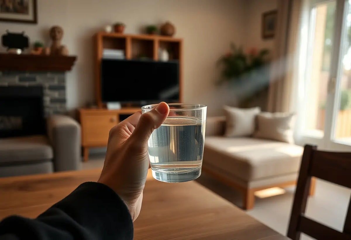 Une main tenant un verre d'eau dans un salon chaleureux