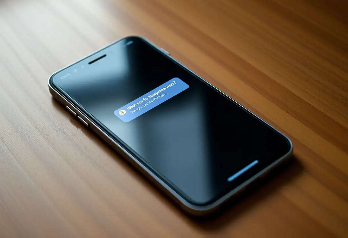 Un téléphone portable sur un bureau en bois avec une lumière de notification qui brille doucement, illustrant l'attente d'une réponse