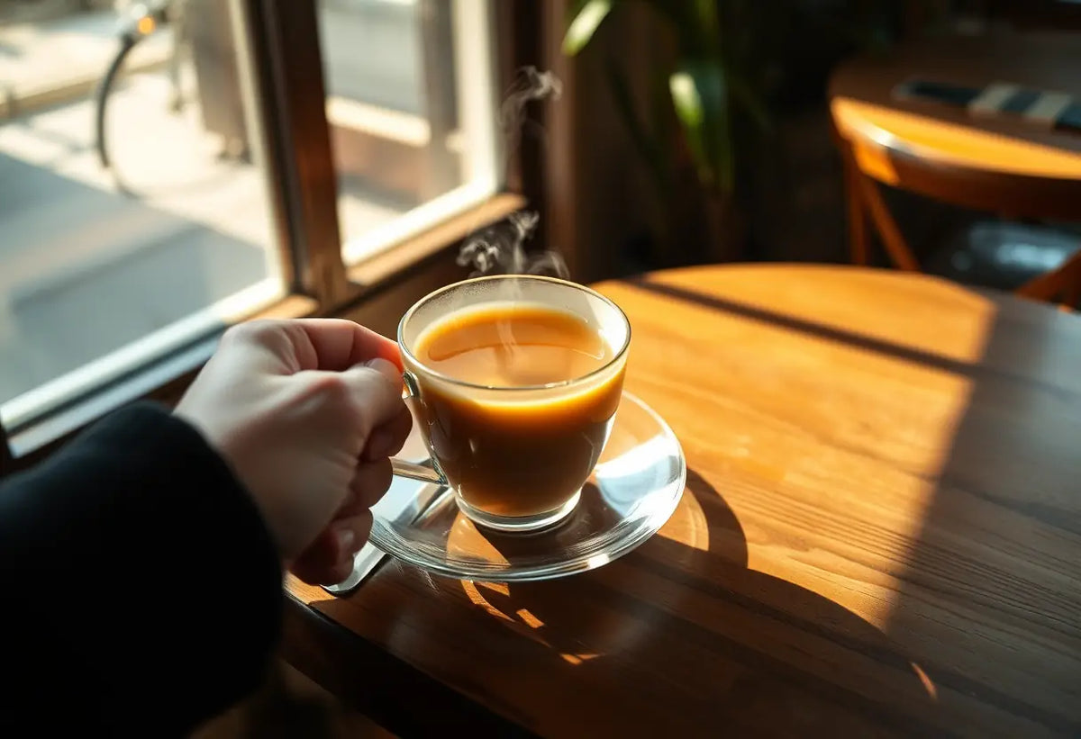 Une main tenant une tasse de thé herbeux dans un café accueillant, lumière naturelle