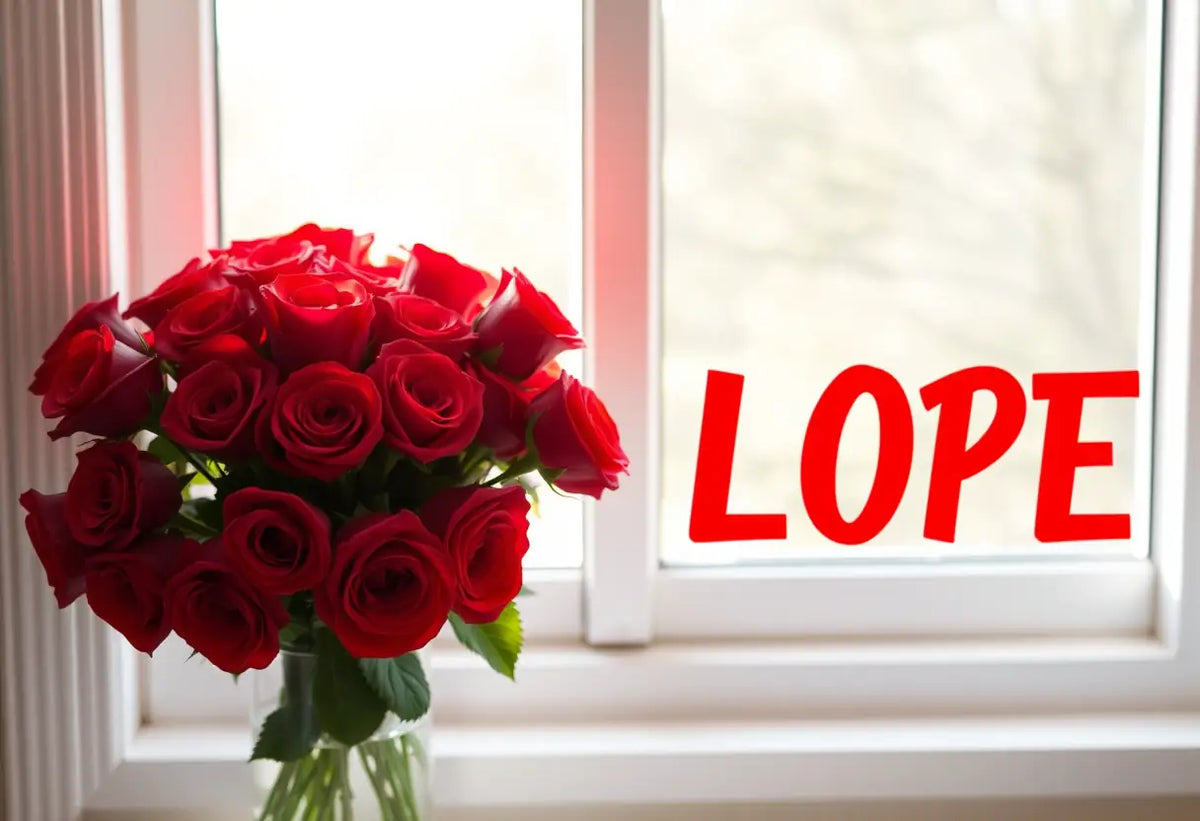 Un bouquet de roses rouges dans un vase transparent sur un rebord de fenêtre