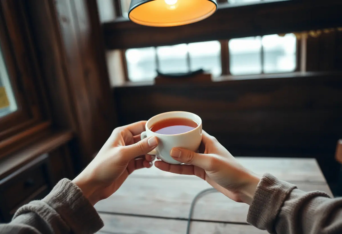 Deux mains tenant une tasse de thé sur une table en bois rustique