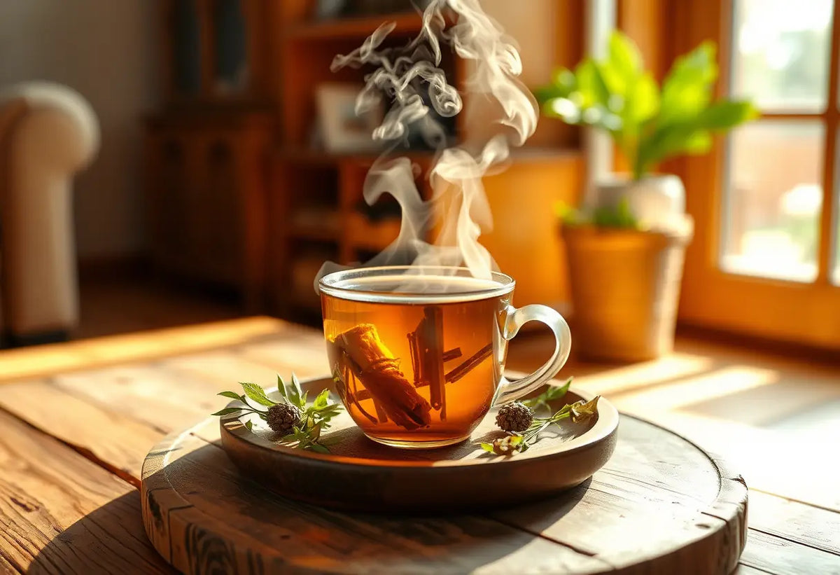 Une tasse remplie de thé herbeux fumant sur un plateau en bois rustique, dans une atmosphère accueillante