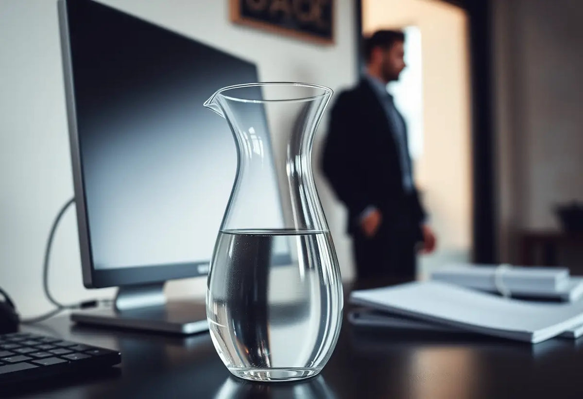 Un bureau avec une carafe d'eau sur le meuble de travail