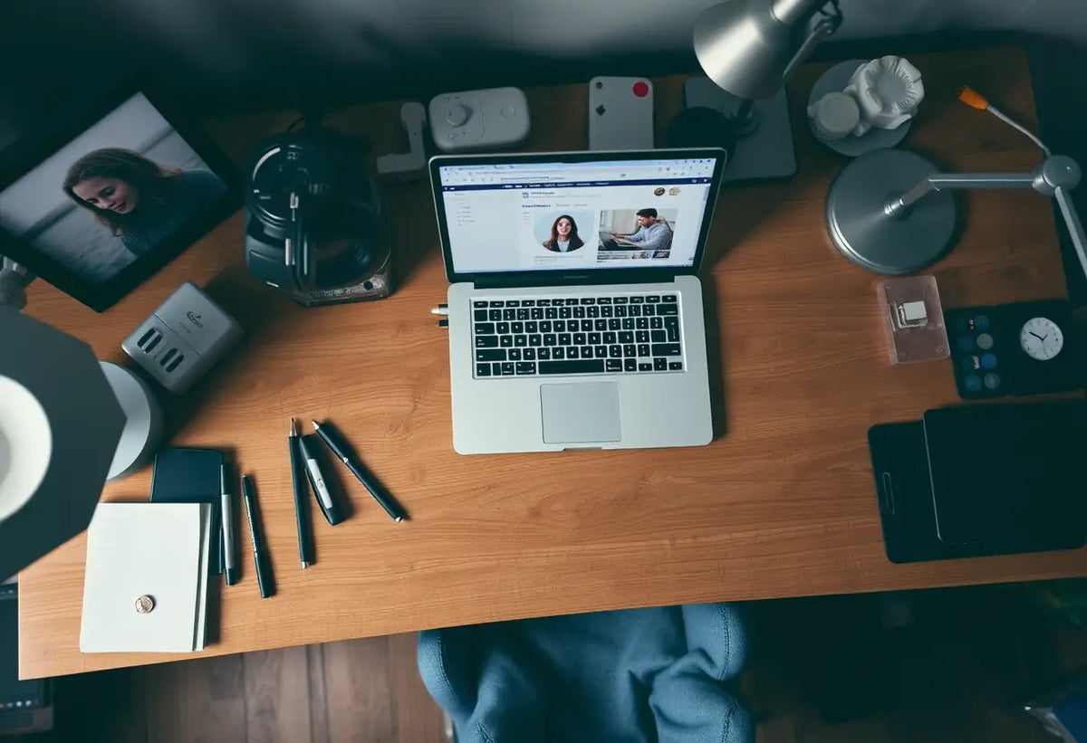 Bureau encombré avec un cadre photo et un ordinateur portable affichant un profil Meetic, texte alternatif en français pour les personnes malvoyantes