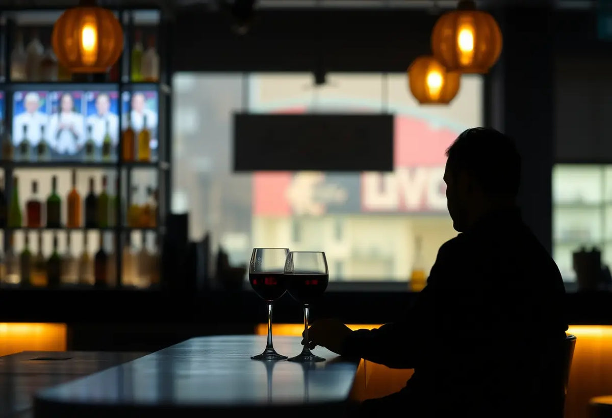Silhouette d'une personne assise seule au comptoir d'un bar, un verre de vin rouge devant elle, texte alternatif en français pour les personnes malvoyantes.