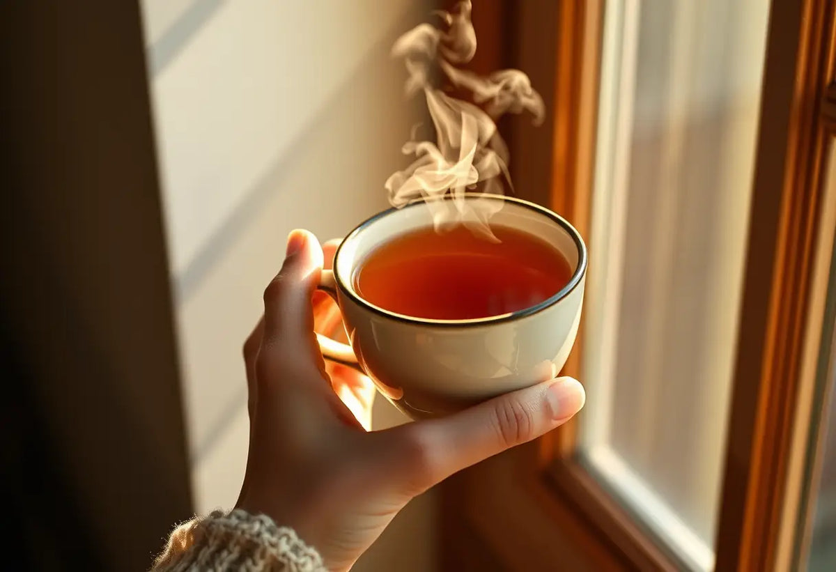 Mains tenant une tasse de thé herbeux dans une lumière chaude