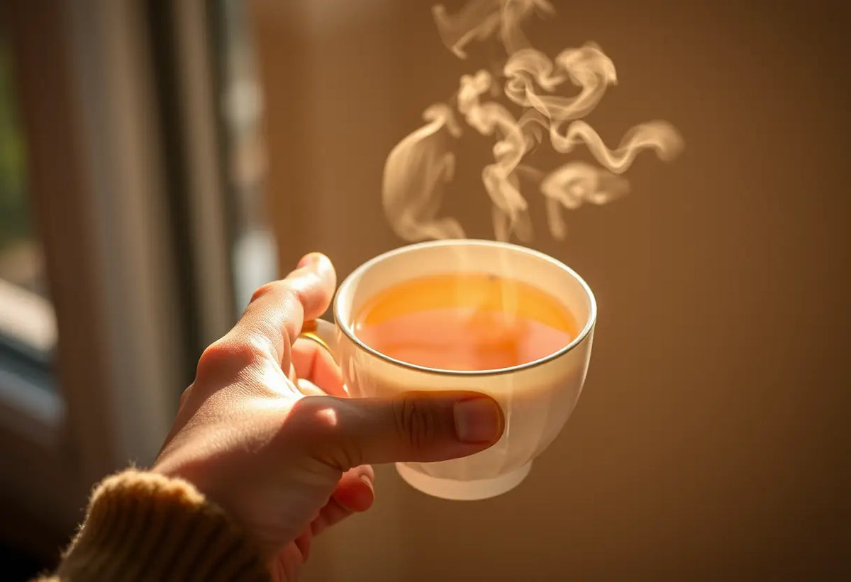 Une main tenant une tasse de thé aromatique, éclairée par la lumière naturelle, créant une atmosphère apaisante
