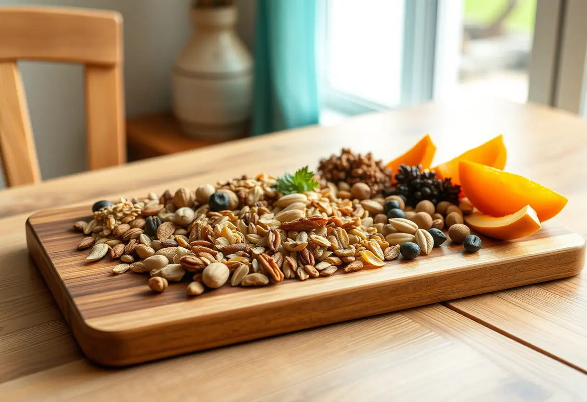 Un plateau de bois contenant des amandes, graines et fruits secs, sur une table de salle à manger