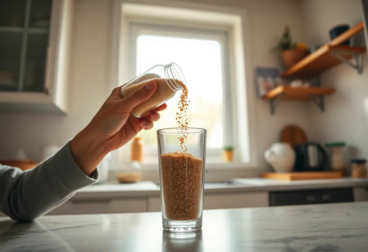 Des mains qui versent des granules dans un verre sur un plan de travail de cuisine
